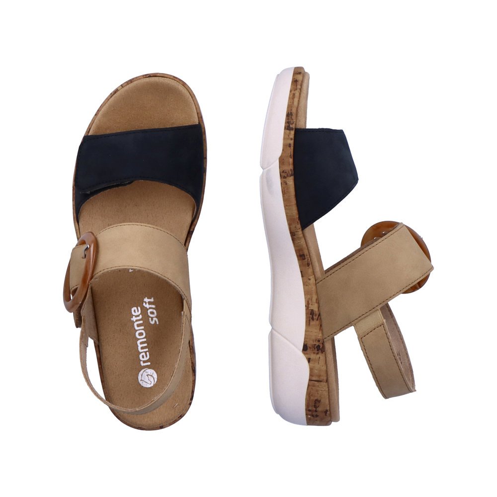 Beige remonte women´s strap sandals R6853-60 with a hook and loop fastener. Shoe from the top, lying.