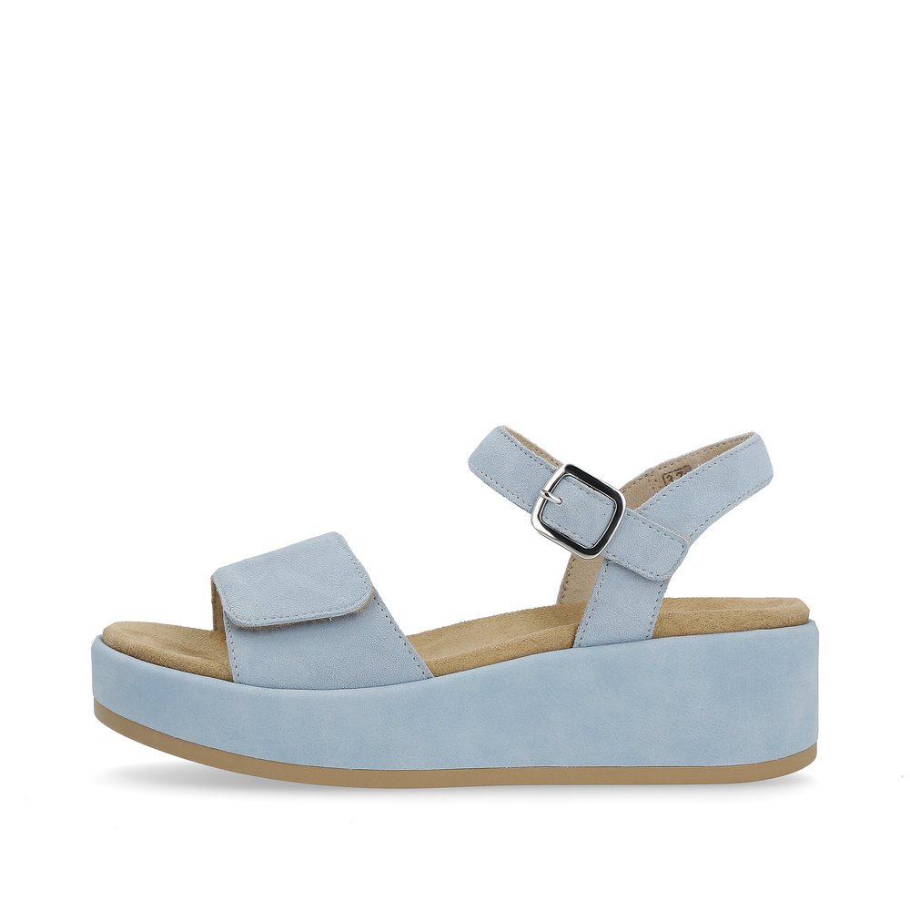 Ice blue remonte women´s strap sandals D1N50-10 with hook and loop fastener. Outside of the shoe.