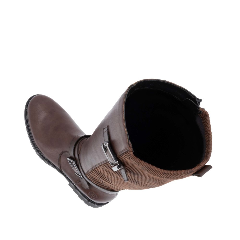 Braune remonte Hochschaftstiefel R6593-25 mit Zierschnallen sowie Reißverschluss. Schuh von oben, liegend.