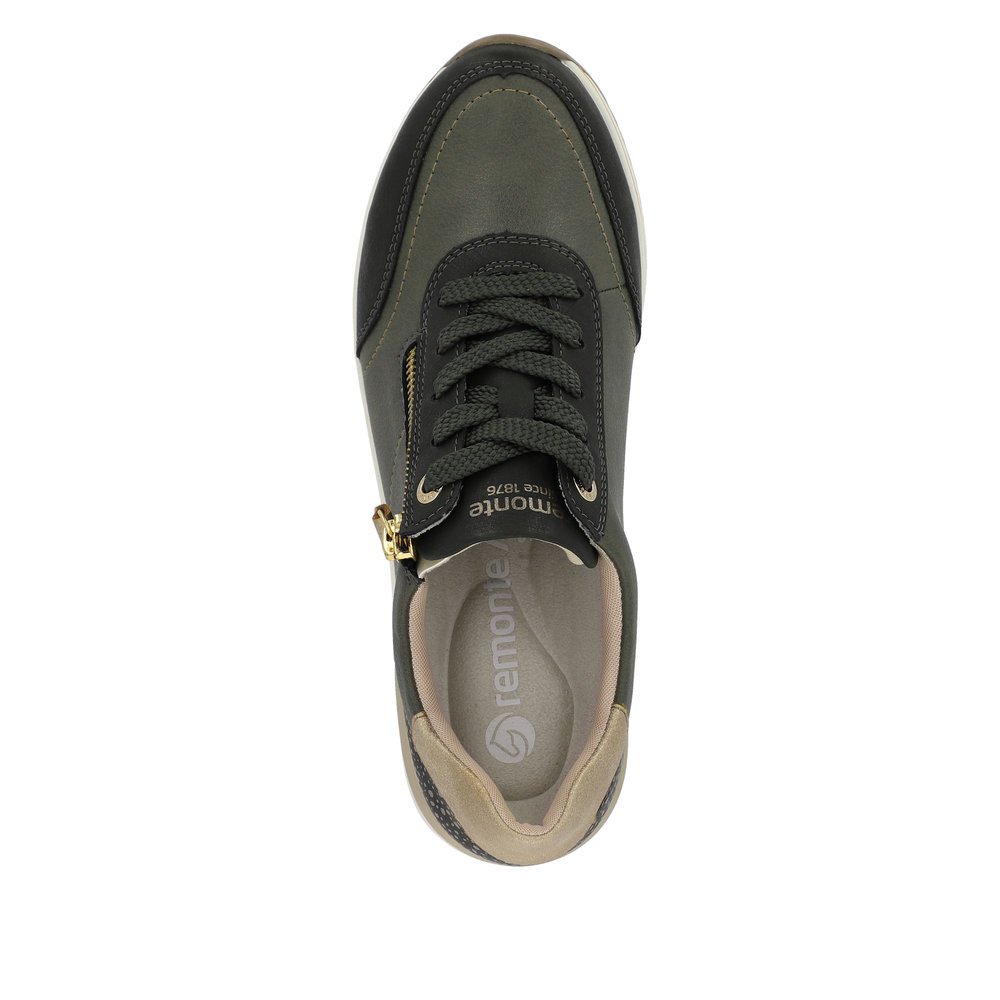 Leaf green remonte women´s sneakers D0T00-54 with a zipper as well as extra width H. Shoe from the top.