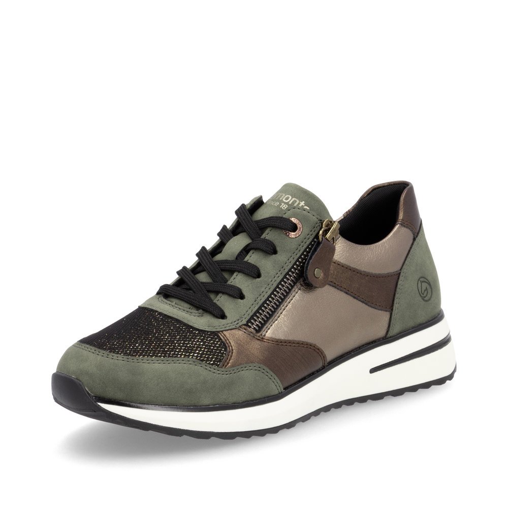 Bronze vegan remonte women´s sneakers D1G08-90 with zipper as well as padded insole. Shoe laterally.