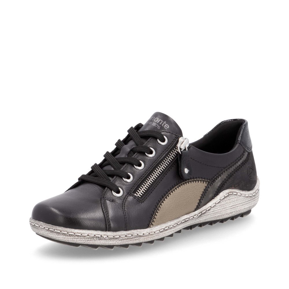 Chaussures à lacets remonte noires femme R1439-03 avec fermeture éclair. Chaussure inclinée sur le côté.