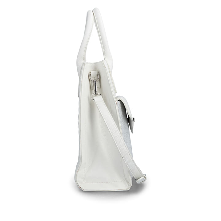 Sac à main remonte Q0765-80 blanc avec paillettes étincelantes et bretelle détachable ajustable. Côté droit.