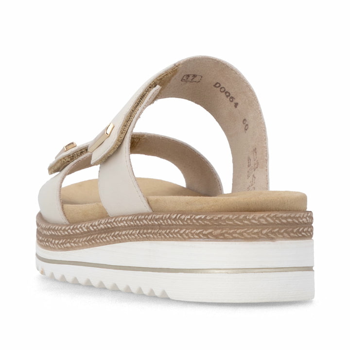 Beige remonte Damen Pantoletten D0Q64-60 mit einem Klettverschluss. Schuh von hinten.
