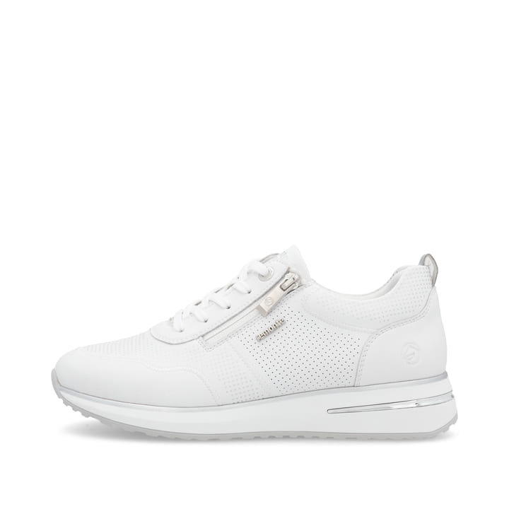 Weiße remonte Damen Sneaker Low D1G09-80 mit einem Reißverschluss. Schuh Außenseite.