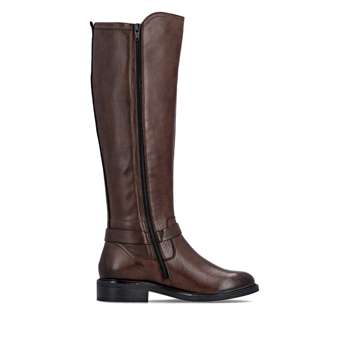 Dunkelbraune remonte Hochschaftstiefel D2W77-25 mit einem Reißverschluss. Schuh Innenseite.