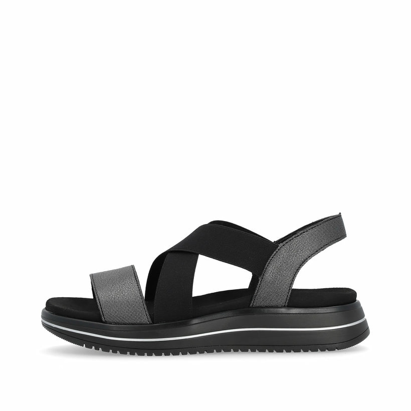 Schwarze remonte Riemchensandalen D1J50-02 mit einem Gummizug. Schuh Außenseite.