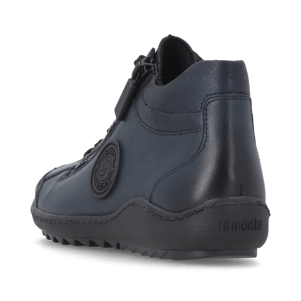 Dunkelblaue remonte Damen Schnürstiefel R1477-15 mit einem Reißverschluss. Schuh von hinten.