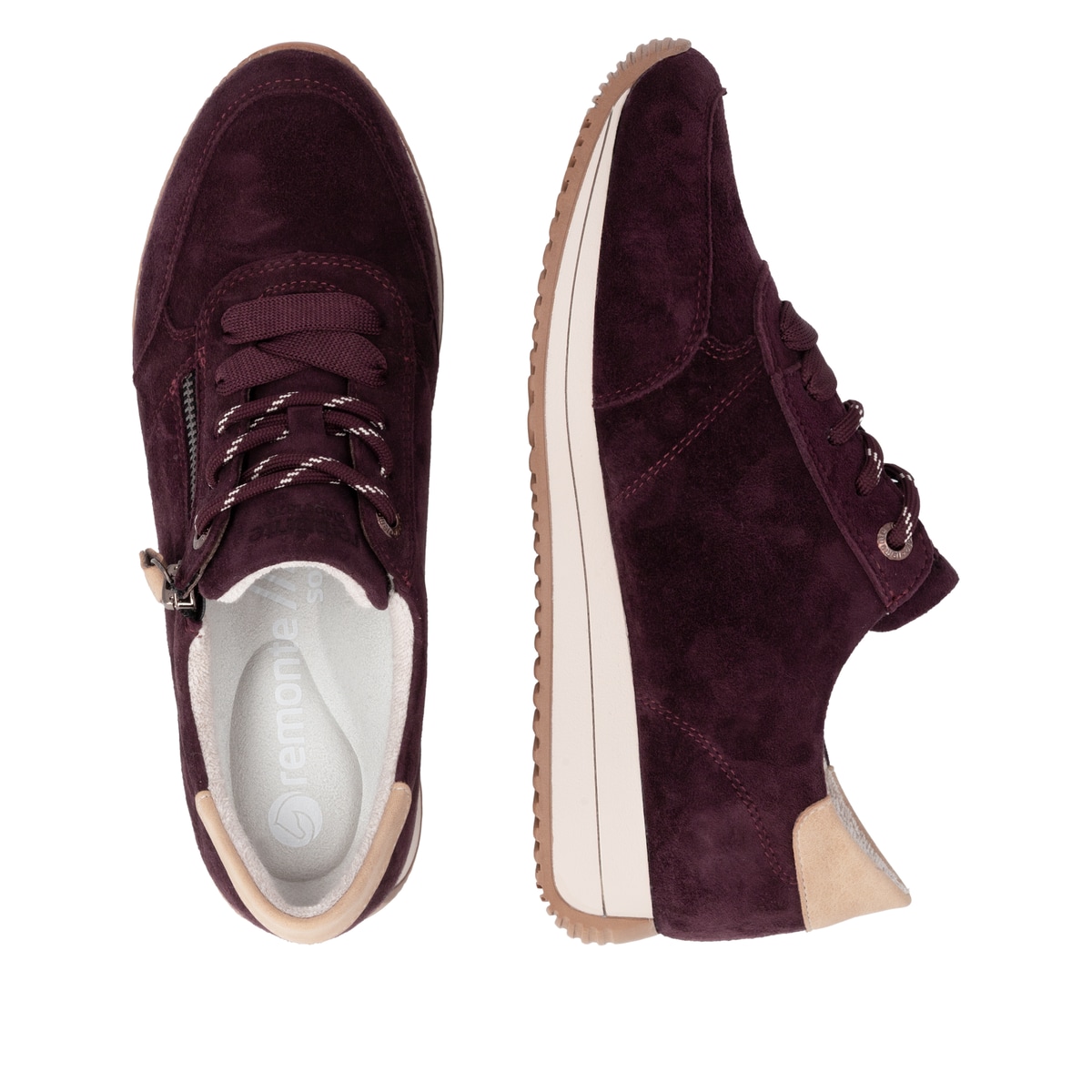 Weinrot-beige remonte Damen Sneaker D0H19-30 mit einem Reißverschluss. Schuh von oben, liegend.