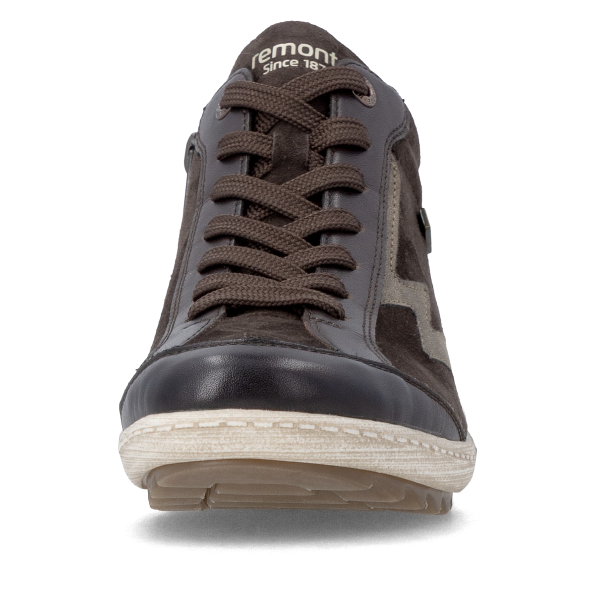 Dunkelbraun-bronzene remonte Damen Schnürstiefel R1454-25. Schuh von vorne.