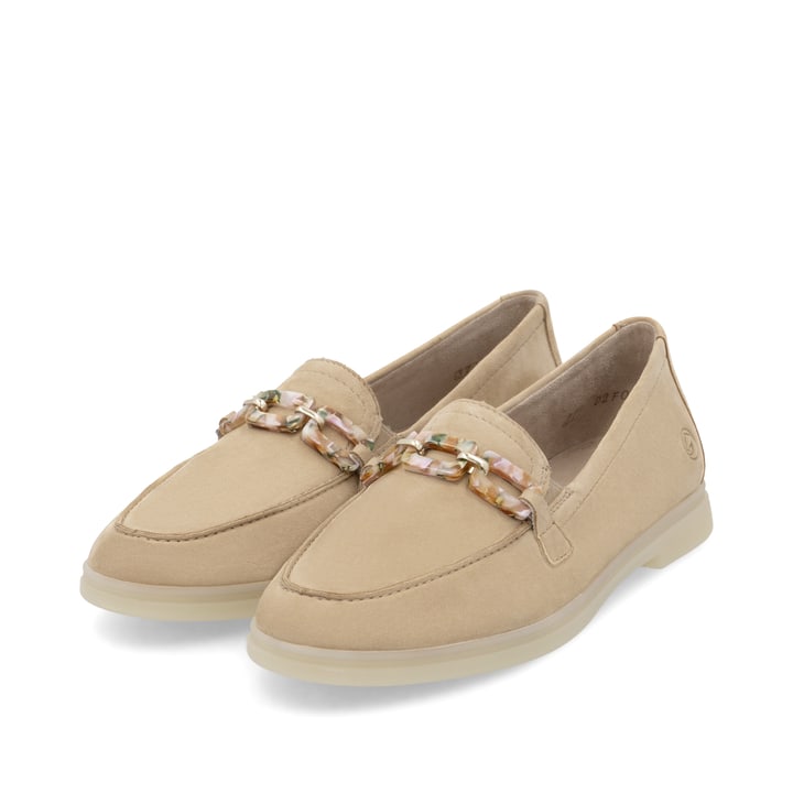 Beige remonte Damen Loafer D2F00-62 mit Gummizug sowie gepolsterter Einlegesohle. Schuhpaar seitlich schräg.