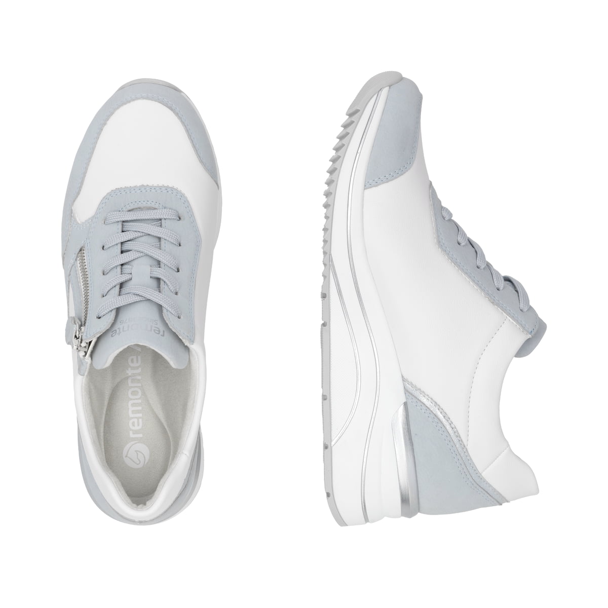 Blaue vegane remonte Damen Sneaker Low D0T01-12 mit einem Reißverschluss. Schuh von oben, liegend.