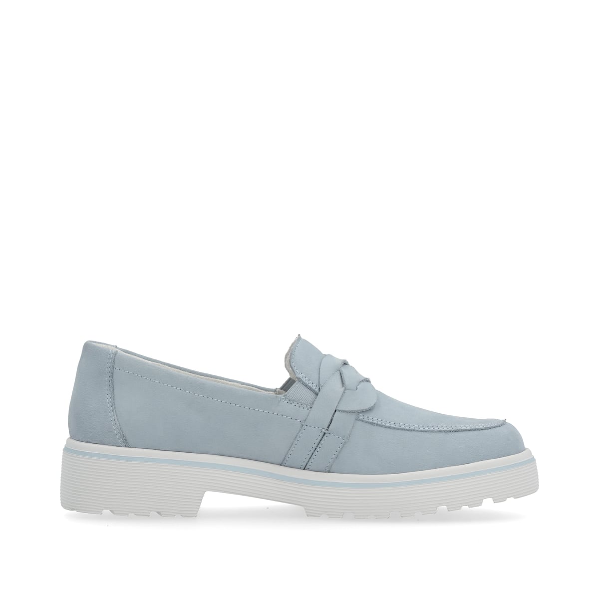 Blaue remonte Damen Loafer D1H01-12 mit Elastikeinsatz sowie geflochtenem Riemen. Schuh Innenseite.