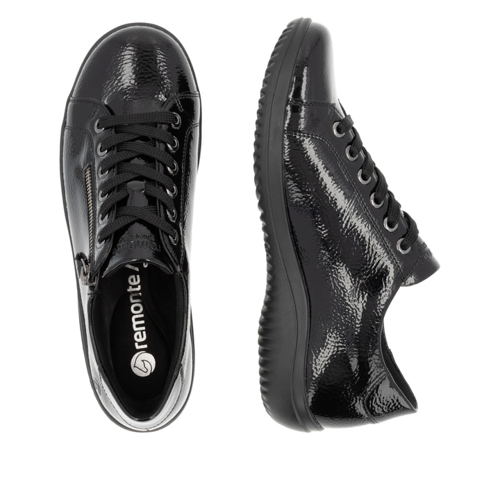 Schwarze remonte Damen Schnürschuhe D1E03-01 mit einem Reißverschluss. Schuh von oben, liegend.
