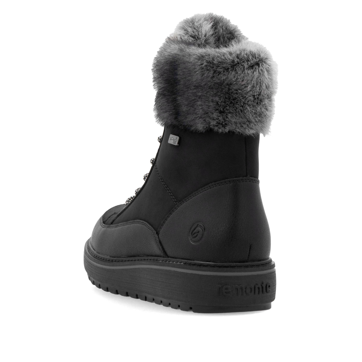 Nachtschwarze remonte Damen Schnürstiefel D0U78-03 mit Flip-Grip Sohle. Schuh von hinten.