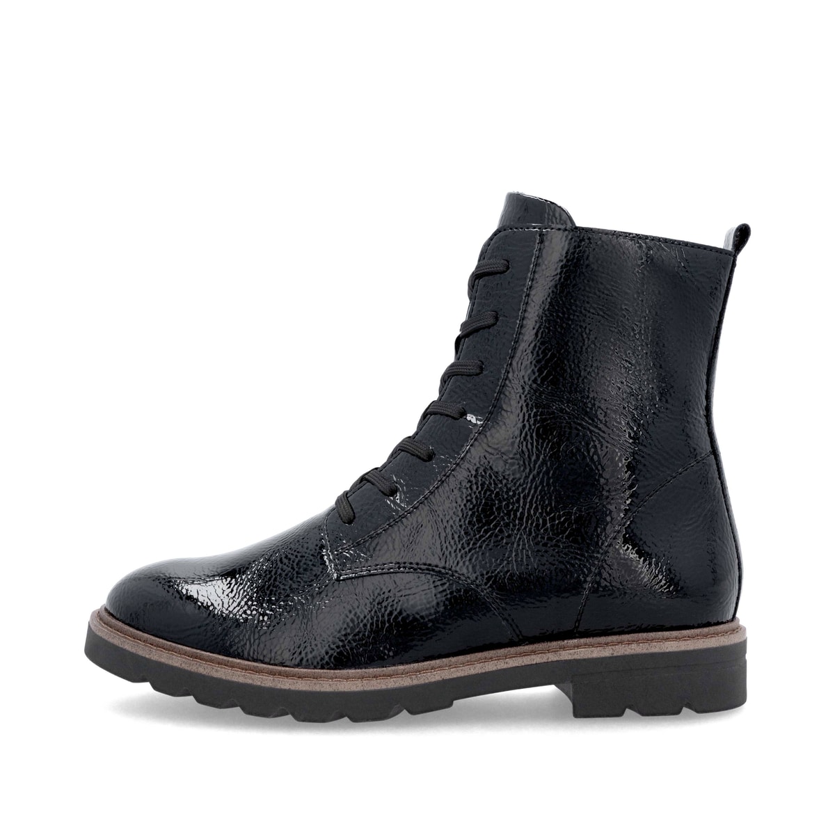 Schwarze remonte Damen Schnürstiefel D2Q71-03 mit einem Reißverschluss. Schuh Außenseite.