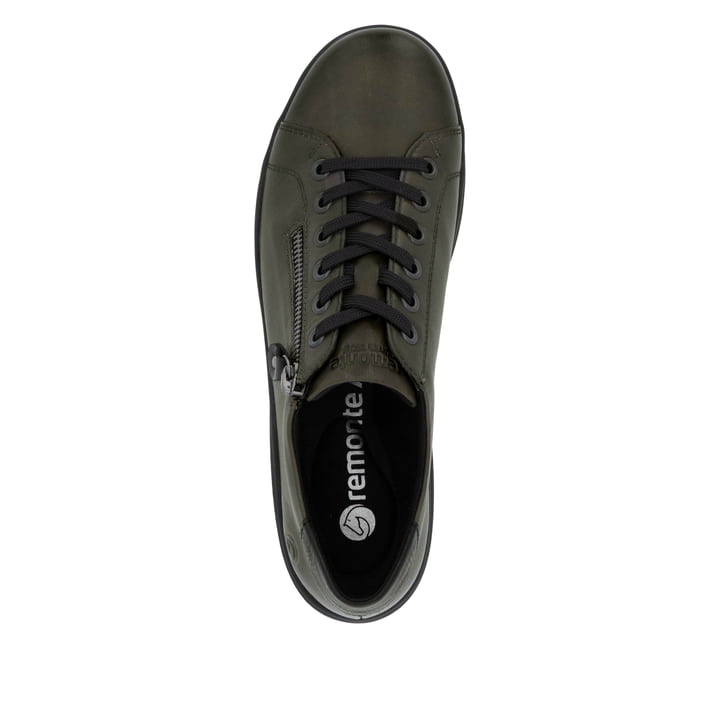 Grünschwarze remonte Damen Schnürschuhe D1E03-53 mit einem Reißverschluss. Schuh von oben.