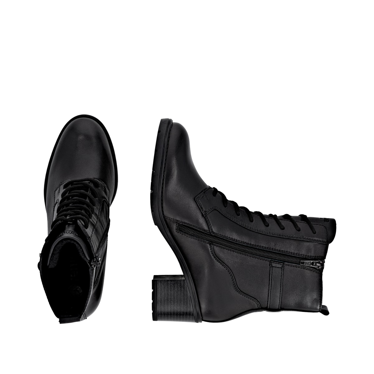 Bottines remonte noires pour femmes D2A74-01 avec boucle décorative. Chaussure vue de dessus, couchée.