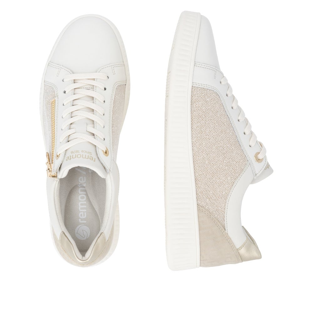 Weiße remonte Damen Sneaker Low D2E00-81 mit Reißverschluss sowie Komfortweite G. Schuh von oben, liegend.