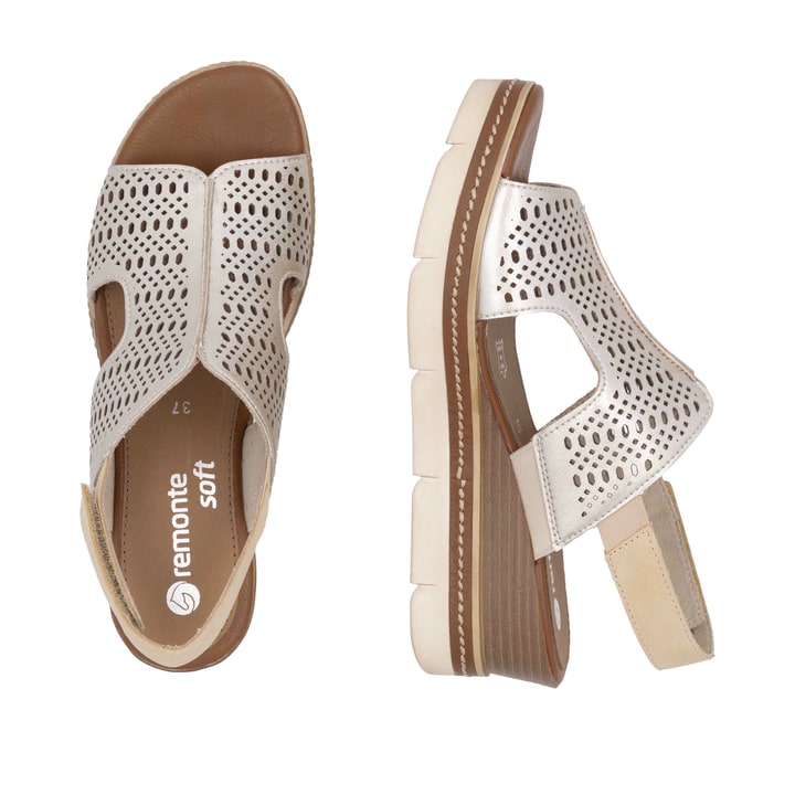 Metallische remonte Keilsandaletten D2L56-90 mit einem Klettverschluss. Schuh von oben, liegend.