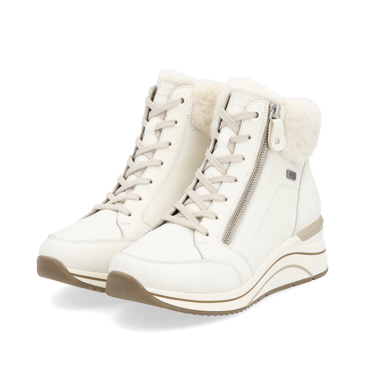 Weiße remonte Damen Schnürstiefel D0T77-80 mit wasserabweisender TEX-Membran. Schuhpaar seitlich schräg.