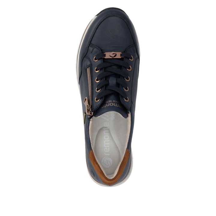 Dunkelblau-braune remonte Damen Sneaker R6716-14. Schuh von oben.
