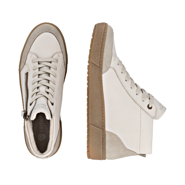 Weiße remonte Damen Kurzstiefel D2T71-80 mit wasserabweisender TEX-Membran. Schuh von oben, liegend.