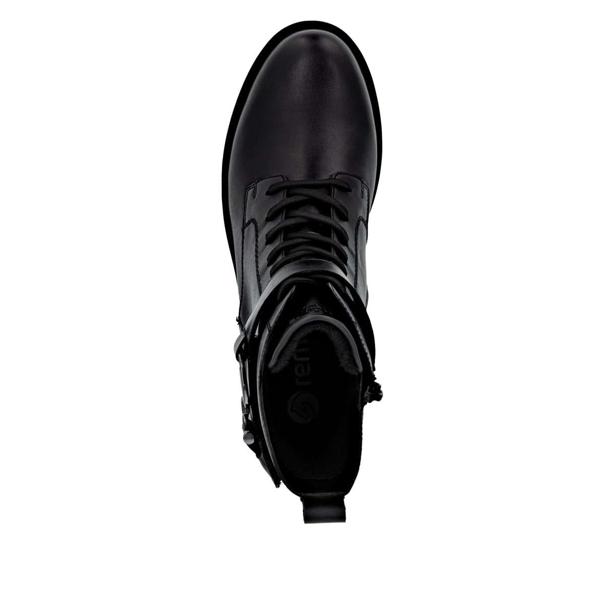 Schwarze remonte Damen Schnürstiefel D8657-00 mit einem Reißverschluss. Schuh von oben.