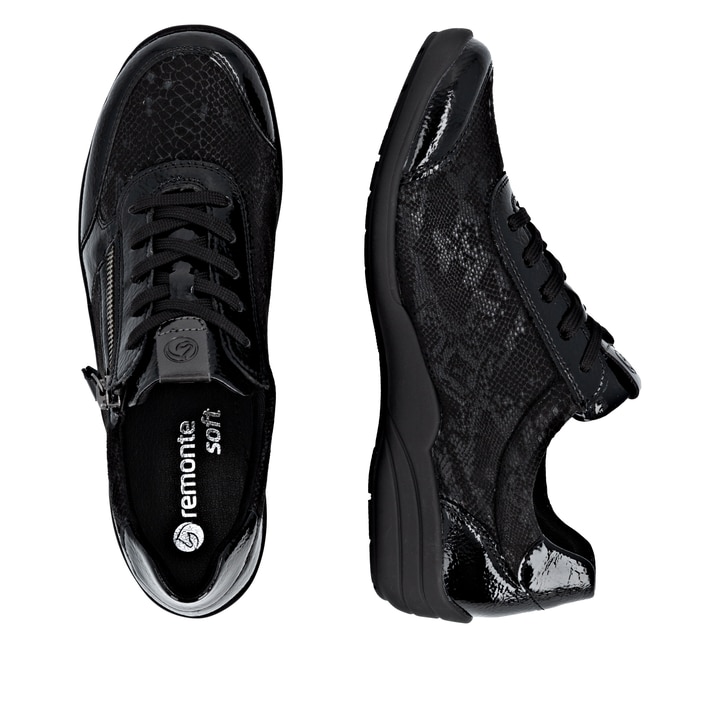 Schwarze remonte Damen Sneaker R7637-04 mit Reißverschluss sowie Extraweite H. Schuh von oben, liegend.