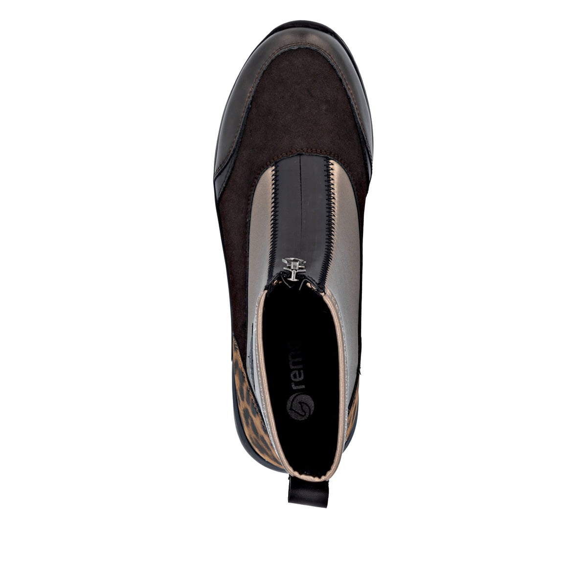 Vegane, dunkelbraun-bronzene remonte Damen Kurzstiefel D0T78-90. Schuh von oben.