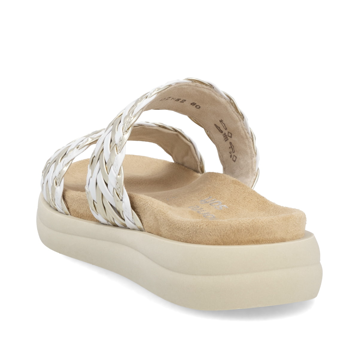 Weiße vegane remonte Damen Pantoletten D2N52-80 mit einem Gummizug. Schuh von hinten.