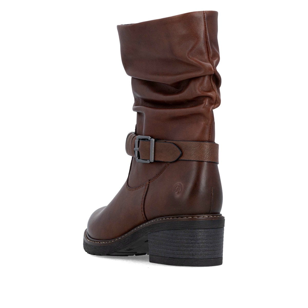 Braune remonte Hochschaftstiefel D1A81-23 mit einem Reißverschluss. Schuh von hinten.