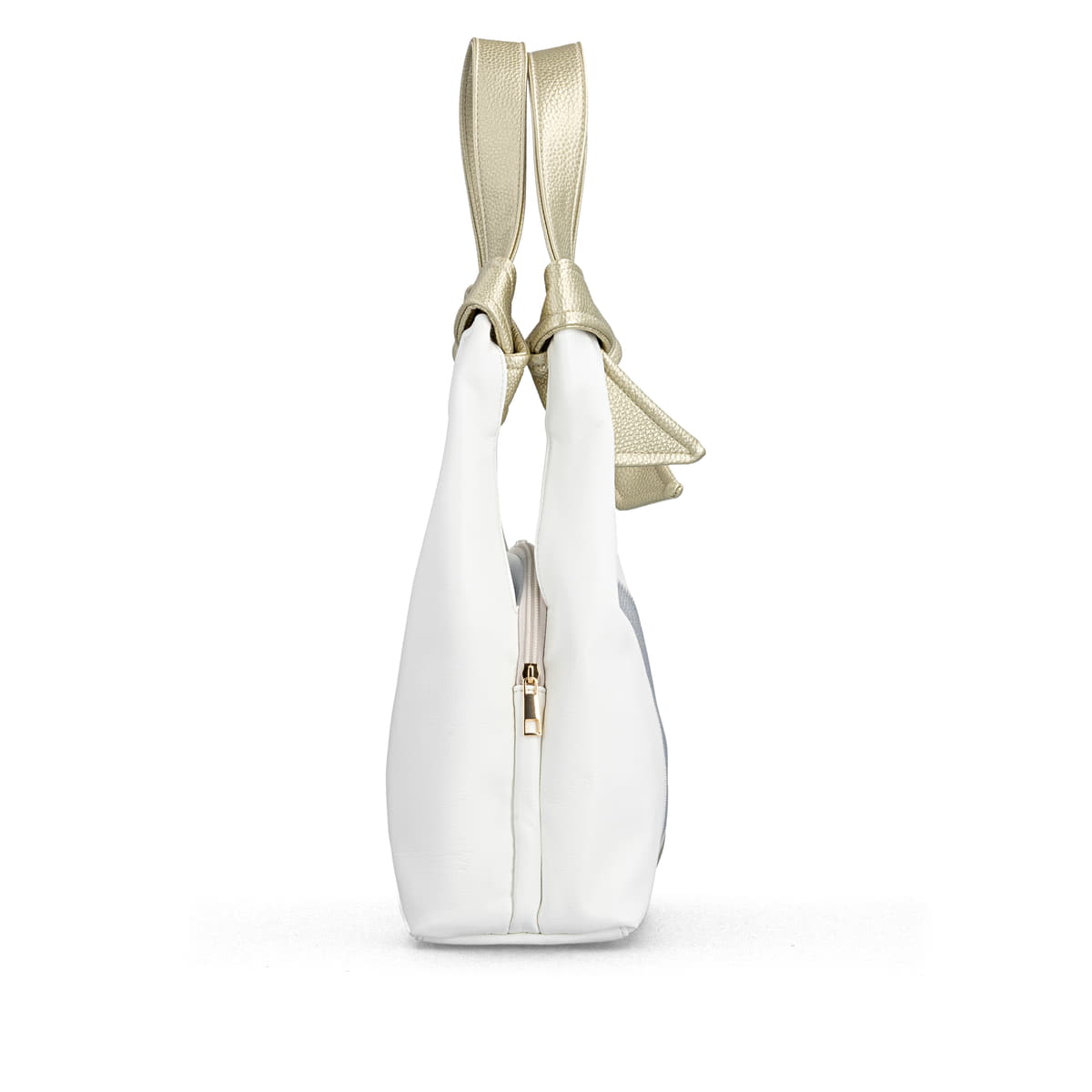 Sac à main remonte Q0720-82 blanc avec effets métalliques et fermeture éclair. Côté droit.