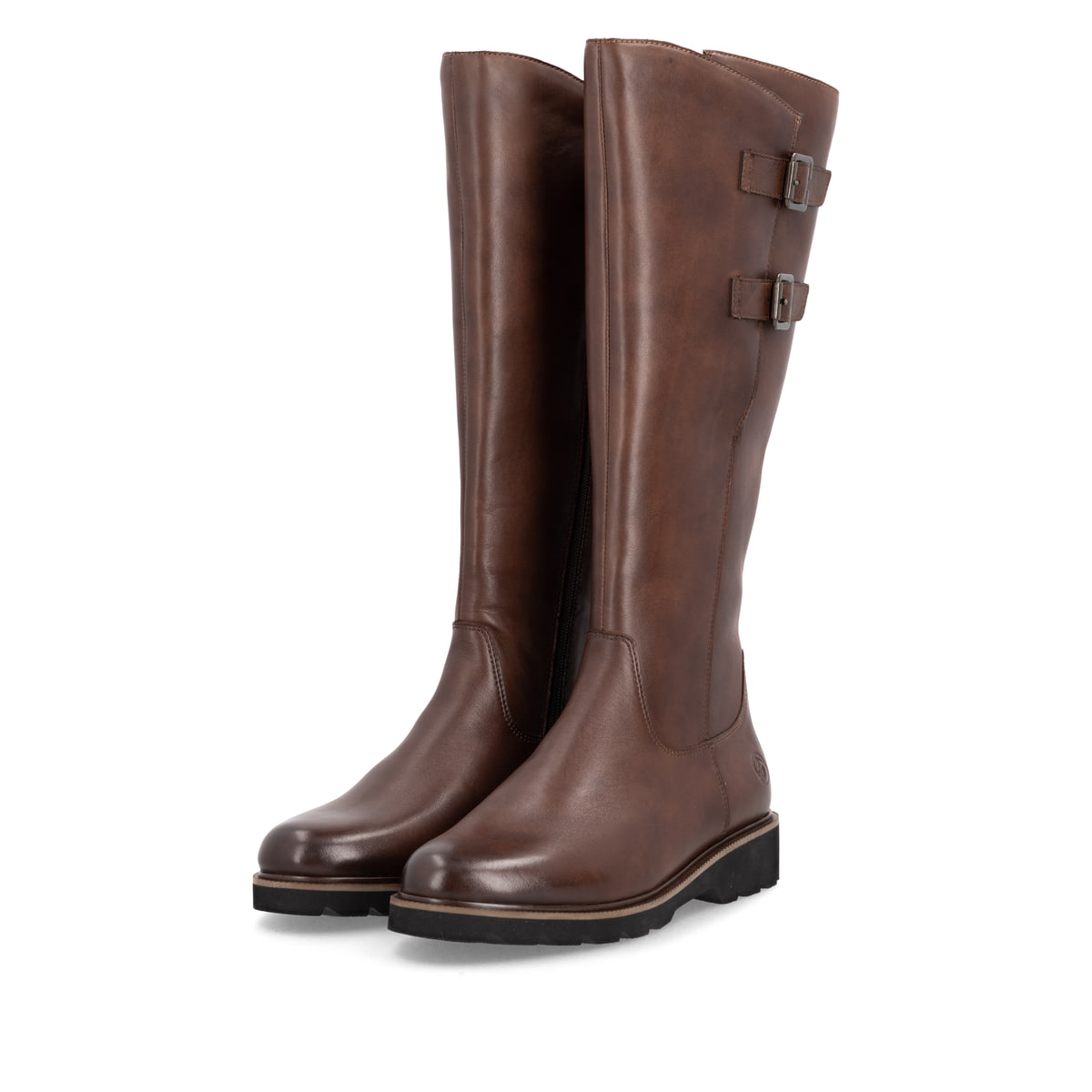 Braune remonte Hochschaftstiefel D3S74-22 mit Reißverschluss sowie Extraweite H. Schuhpaar seitlich schräg.