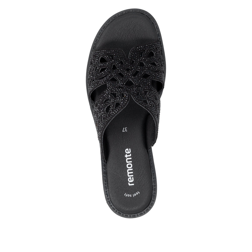 Mules remonte noires vegan pour femme D3647-00 avec bande élastique. Chaussure vue de dessus.