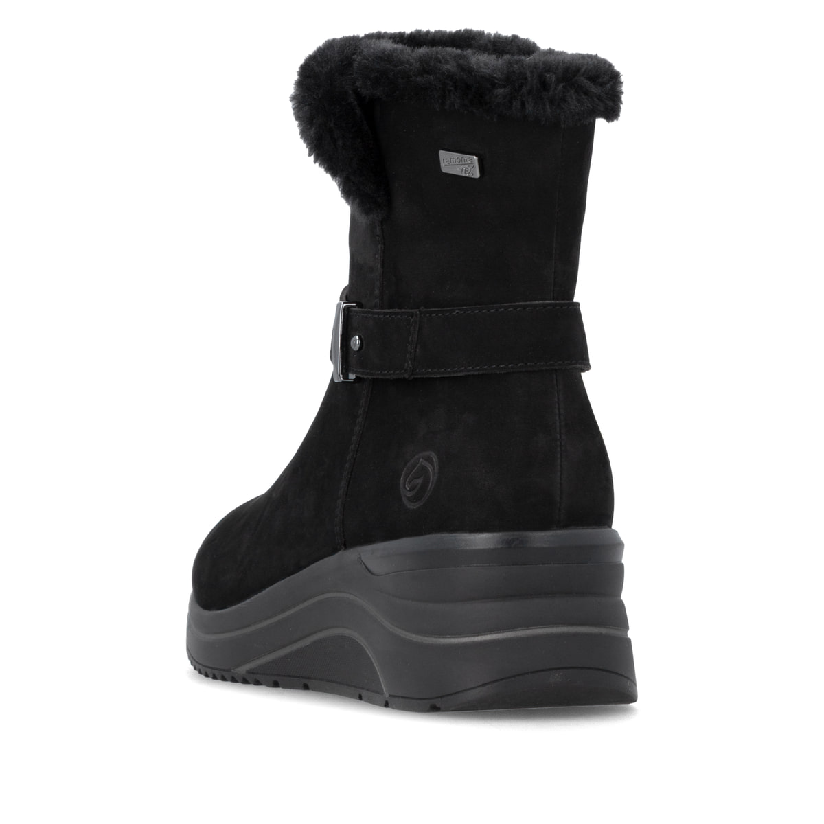 Schwarze remonte Damen Kurzstiefel D0T82-02 mit wasserabweisender TEX-Membran. Schuh von hinten.