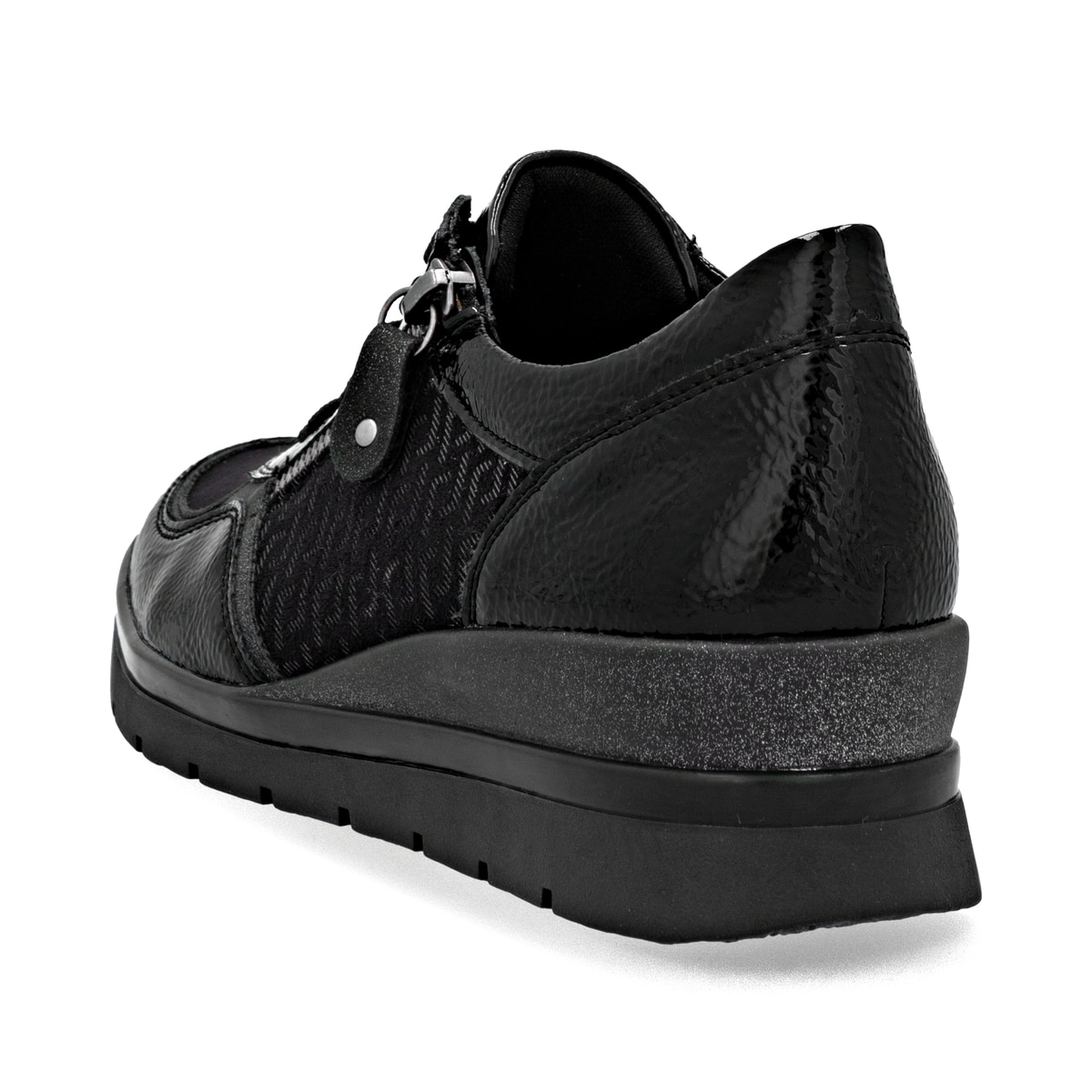 Schwarze remonte Damen Sneaker R0701-08 mit Reißverschluss sowie Komfortweite G. Schuh von hinten.