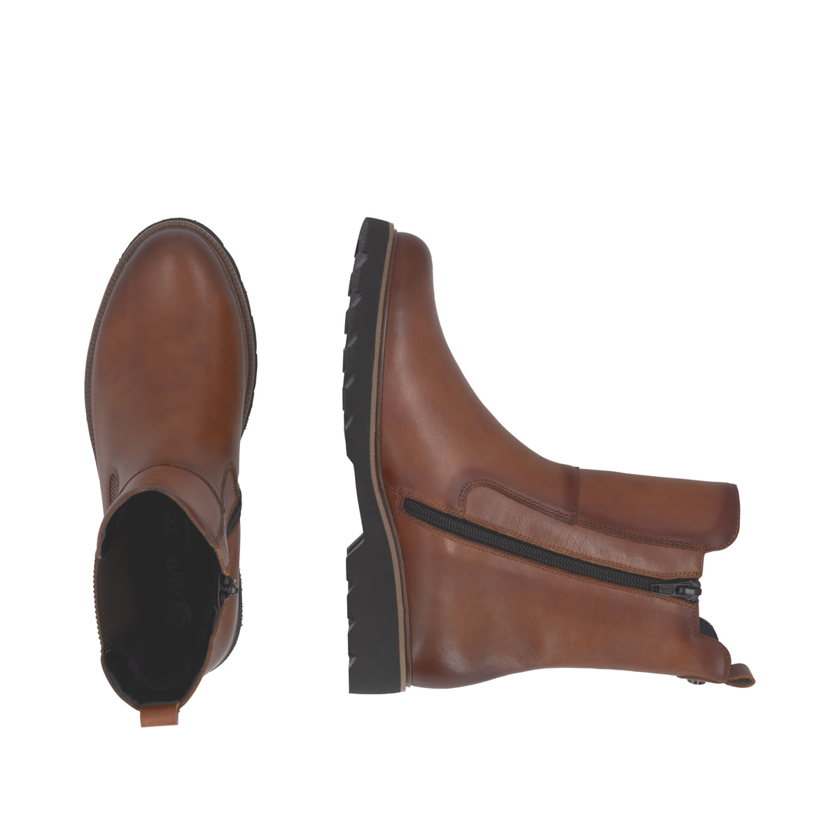 Braune remonte Chelsea Boots D3S70-24 mit Reißverschluss sowie der Extraweite H. Schuh von oben, liegend.