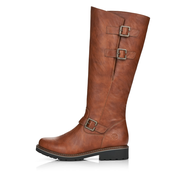 
Kaffeebraune remonte Damen Hochschaftstiefel R6590-22 mit einer dämpfenden Profilsohle. Schuh Außenseite
