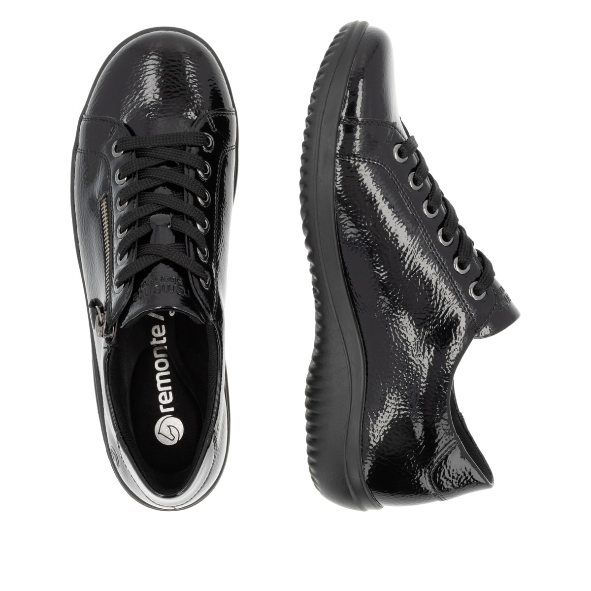 Schwarze remonte Damen Schnürschuhe D1E03-01 mit einem Reißverschluss. Schuh von oben, liegend.