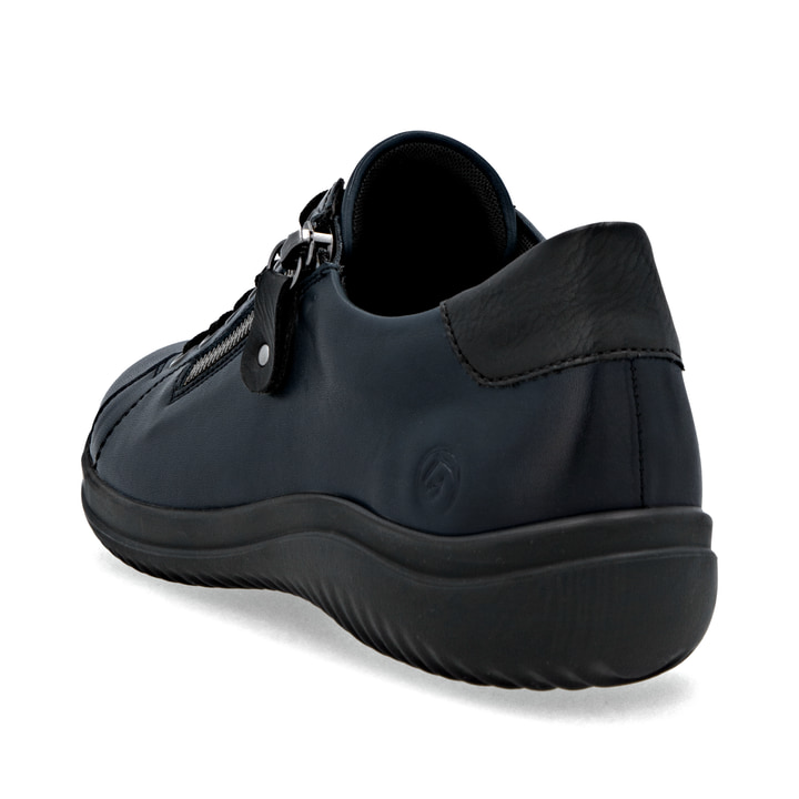 Blauschwarze remonte Damen Schnürschuhe D1E03-14 mit einem Reißverschluss. Schuh von hinten.
