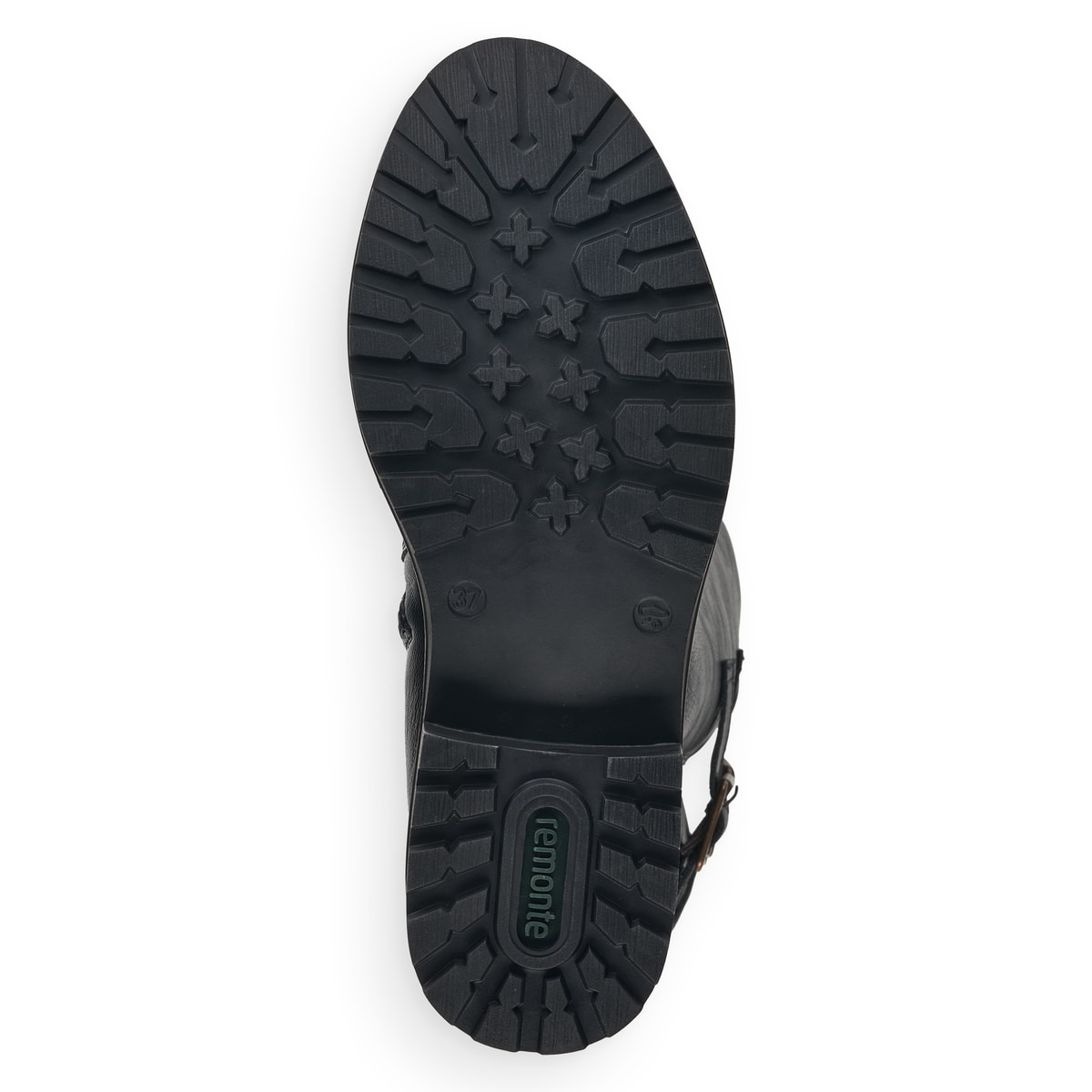 Schwarze remonte Hochschaftstiefel R6590-01 mit einem Reißverschluss. Schuh Laufsohle.