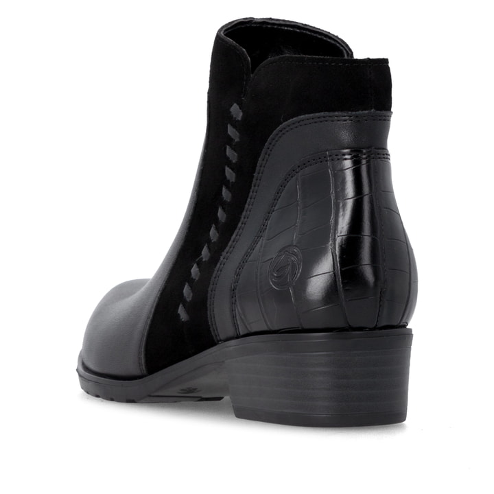 Stahlschwarze remonte Damen Stiefeletten D6893-02 mit stylischer Dekonaht. Schuh von oben.