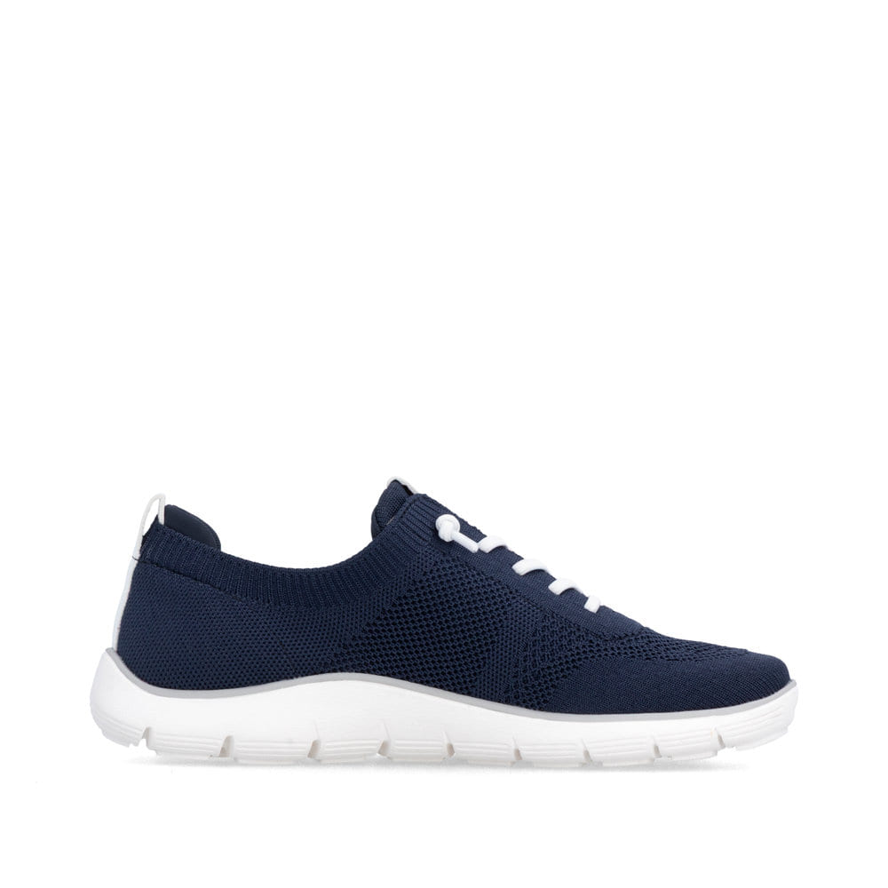 Mocassins remonte bleus pour femme D3G02-14 avec bande élastique. Côté intérieur de la chaussure.