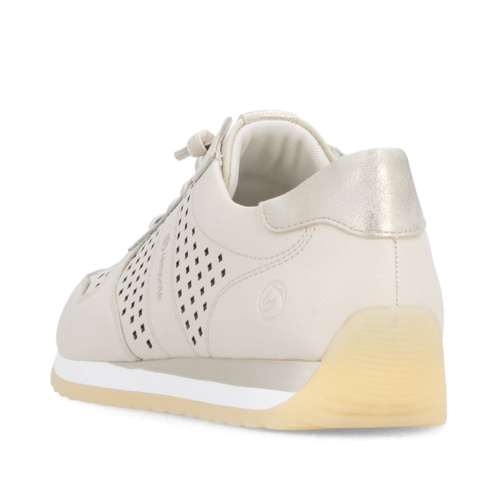 Beige remonte Damen Sneaker D3H04-60 mit eleganten Zierlochungen sowie Schnürung. Schuh von hinten.