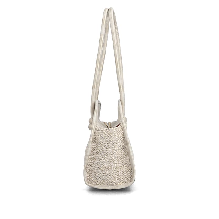 Sac à main remonte Q0768-60 beige avec poignées de transport avec perles décoratives et fermeture éclair. Côté droit.