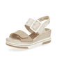 Beige remonte Keilsandaletten D1P50-90 mit einem Klettverschluss. Schuh seitlich schräg.