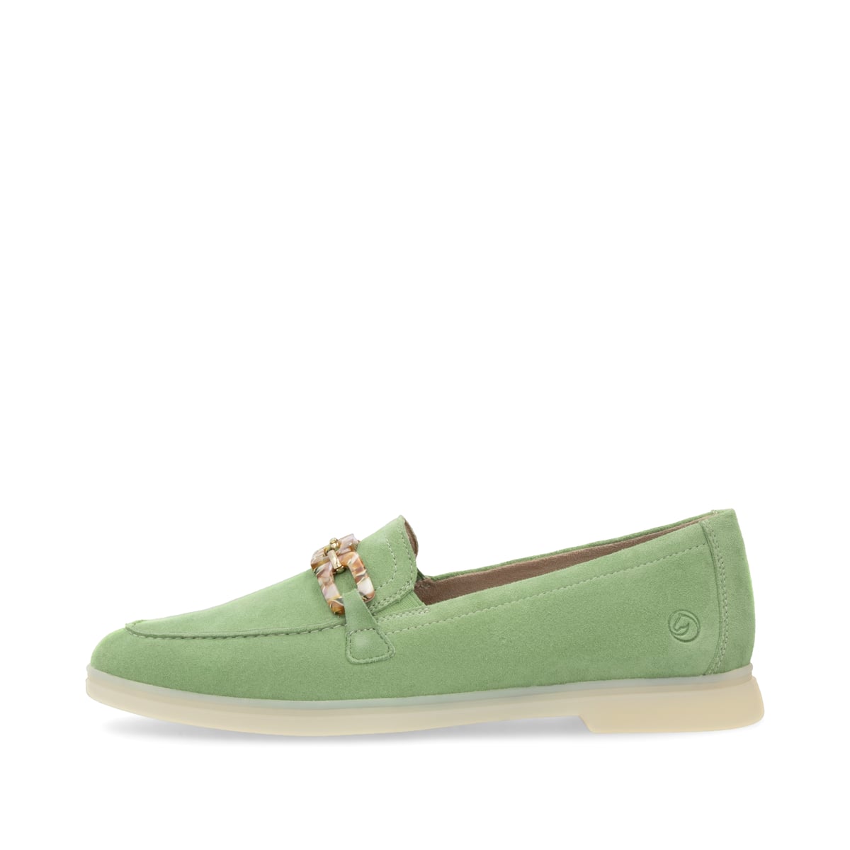 Grüne remonte Damen Loafer D2F00-52 mit Gummizug sowie gepolsterter Einlegesohle. Schuh Außenseite.