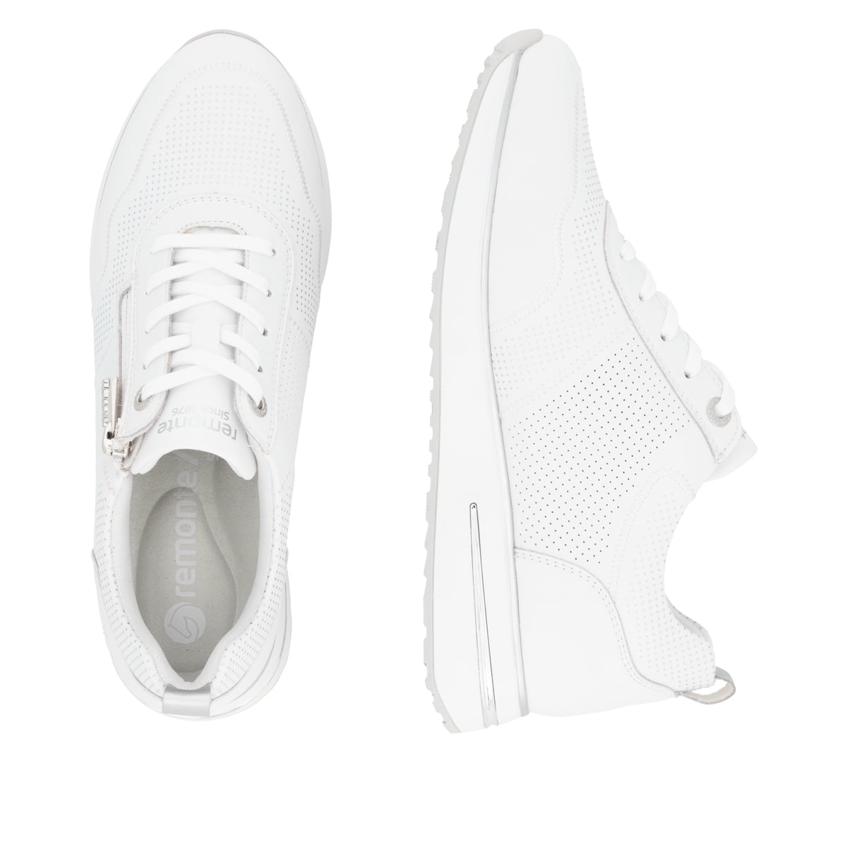 Weiße remonte Damen Sneaker Low D1G09-80 mit einem Reißverschluss. Schuh von oben, liegend.