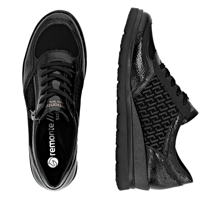 Schwarze remonte Damen Sneaker R0701-08 mit Reißverschluss sowie Komfortweite G. Schuh von oben, liegend.